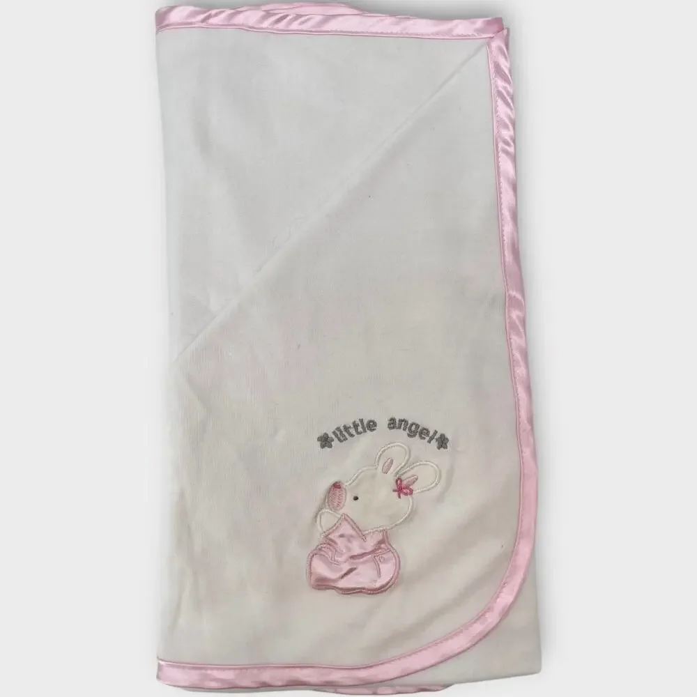 Vintage Bon Bebe Pink Satin Bunny Rabbit Little Angel 100% Cotton Baby Blanket